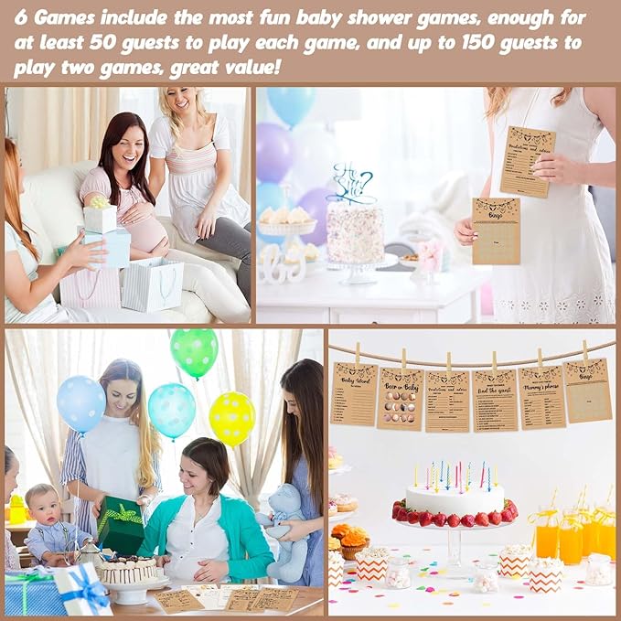 Baby Shower Games Bundle for 50 Guests, 6 Fun Activities: Find the Guest, Predictions, Finish Mommy's Phrase, Beer or Baby, Word Scrabble, Bingo