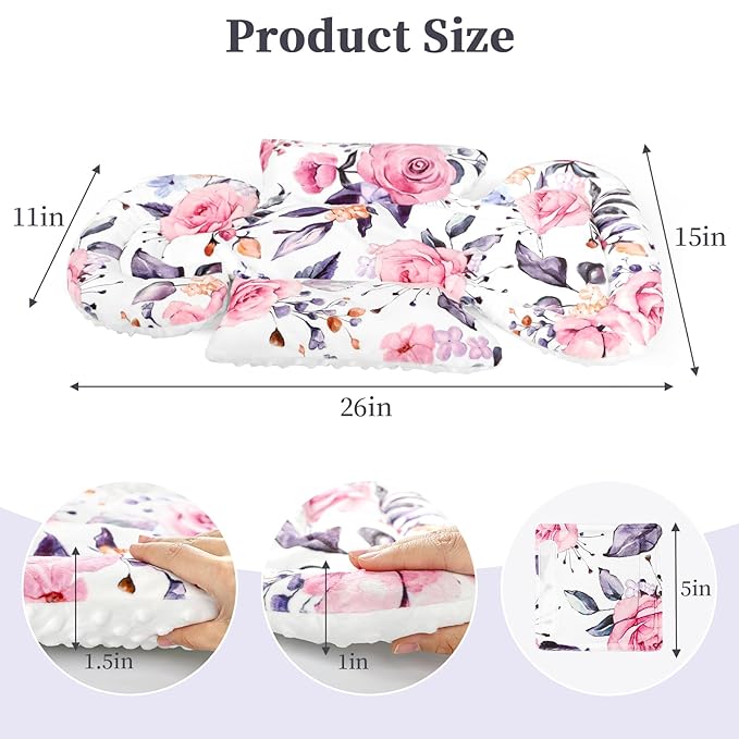 Pea Pod Infant Car Seat Insert with 3 Strap Covers, 3 in 1 Reversible Floral Baby Car Seat Head Support for Newborn, 3D Soft Minky Carseat Cushion for Preemie to Infant, Stroller, Swing, Bouncer