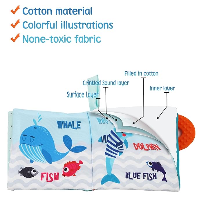 High Contrast Baby Books, Black and White Cloth Crinkle Books for Babies Infant Toys 0-3-6-12-18 Months, Shower Baby Gifts, Teething Teether Sensory Toy for Boys Girls, Fish, 2PCS