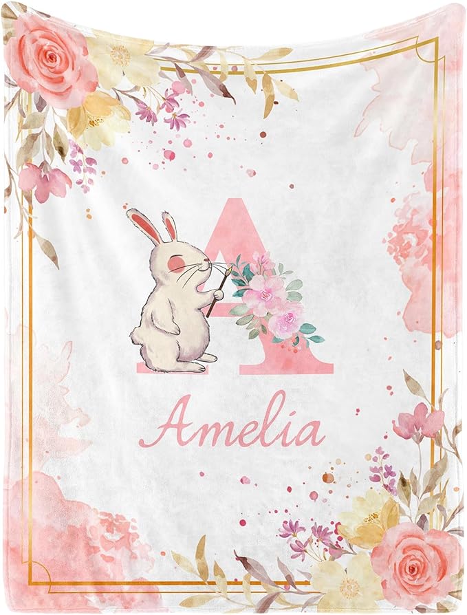 Personalized Baby Blanket with Name - Printed in USA,Custom Baby Blanket for Kids Soft Flanne Blankets in Easter Personalized Baby Gifts for Infant Newborn Shower (Pink)