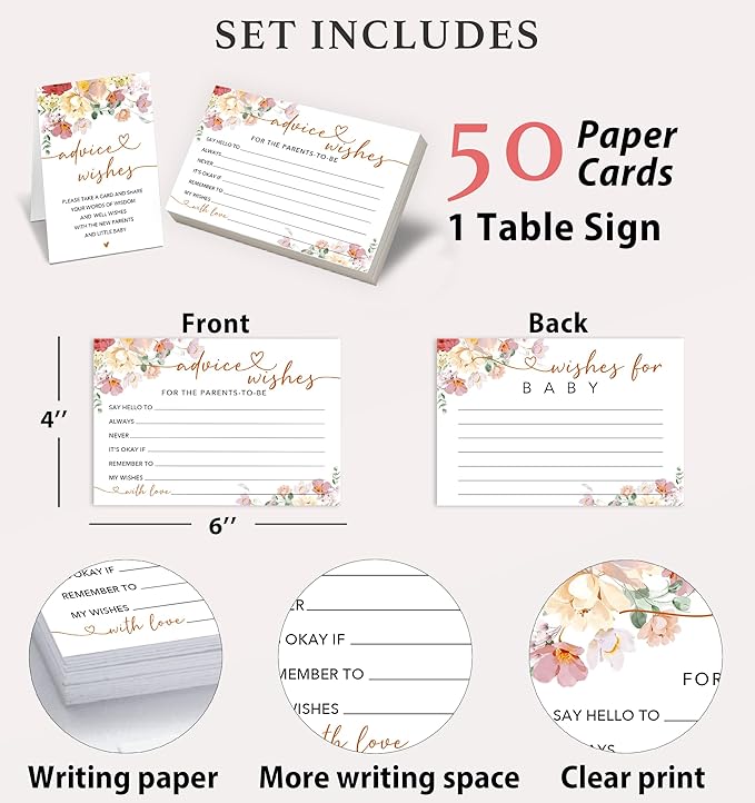 50Pcs Baby Shower Advice and Wishes Cards with Memory Guest Book – Sweet Messages for New Mom & Dad – Baby Shower Games, Party Decorations & Keepsake -A05