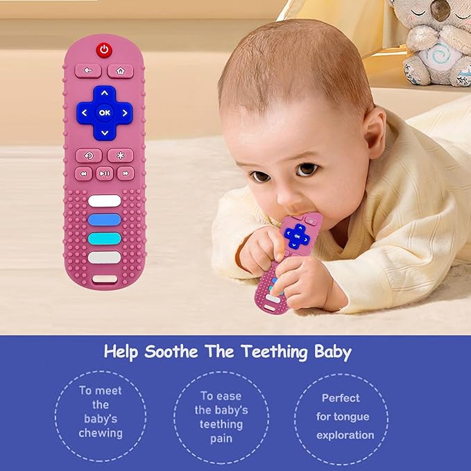 Baby Teething Toys, Food Grade Silicone Teethers for Babies 3 6 12 18 Months, Fake TV Remote Shape with Silicone Pacifier Clip Infant Chew Toys for Boys and Girls, Freezer BPA Free