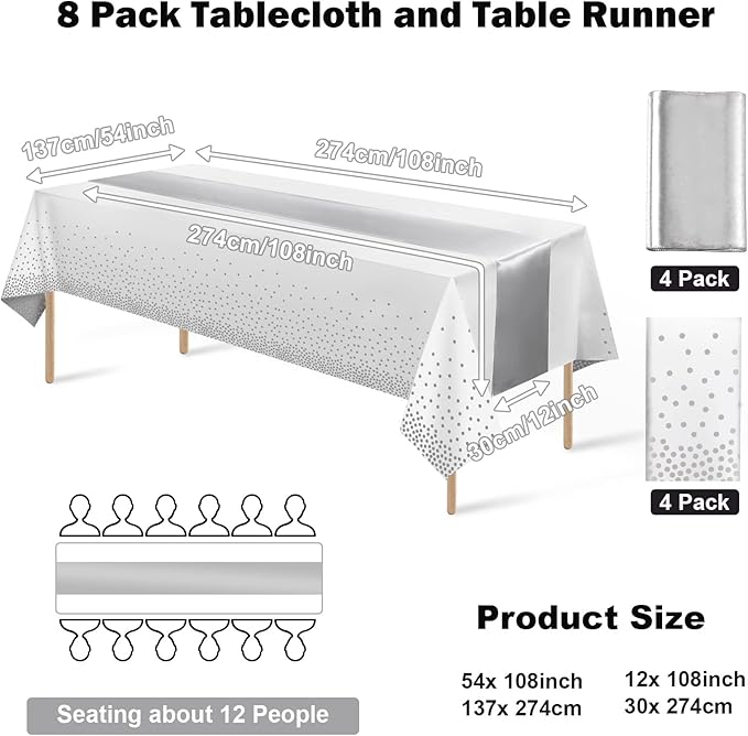 8Pack Disposable Plastic Tablecloths and Satin Table Runner Set White and Silver Dot Tablecloth Silver Satin Table Runner for Wedding Birthday Baby Shower Anniversary Christmas New Year Party Supplies