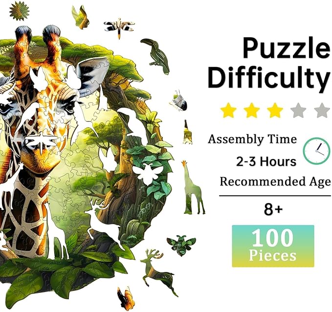 Jigfoxy Wooden Puzzles for Adults, Giraffe Wood Puzzles Adult, Unique Animal Shape Wooden Jigsaw Puzzles for Adults, Birthday Gifts for Puzzle Lovers, Family, Friend (S-8.3 * 7.6in-100pcs)