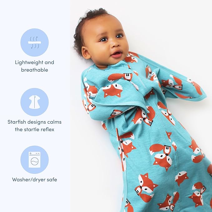 SleepingBaby Zipadee-Zip Transition Swaddle - Cozy Baby Swaddle Blanket with Zipper Convenience - Roomy Wearable Blanket for Easy Diaper Changes - Friendly Fox, X-Small (3-6 Month)