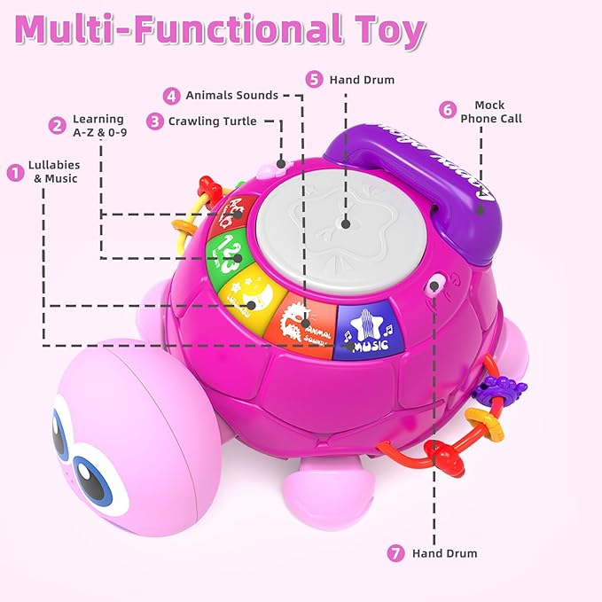Musical Turtle Baby Toys 6-12 Months,Baby Crawling Toys for 12-18 Months,Early Learning Toy with Light&Sound,Tummy Time Toys Gifts for 3-6 4 5 7 8 9-12 18 Month Boy Girl(Pink)