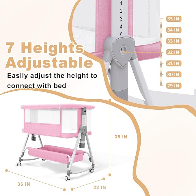 Baby Bassinet,3 in 1 Bedside Bassinet for Baby with Hanging Toys, Portable Foldable Baby Bassinets Bedside Sleeper,4-Sided Mesh Bedside Crib with Wheels and Storage Basket,6 Height Adjustable (Pink)