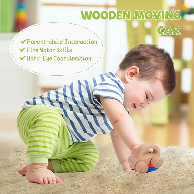 Adena Montessori Play Kit for 7-12 Month Baby,6 in 1 Learning Educational Brain Development Toys for Toddler Includ First Puzzle,Ball Drop Box,Stacking Pegs,First Blocks,Wooden Moving Car,Hand Puppet