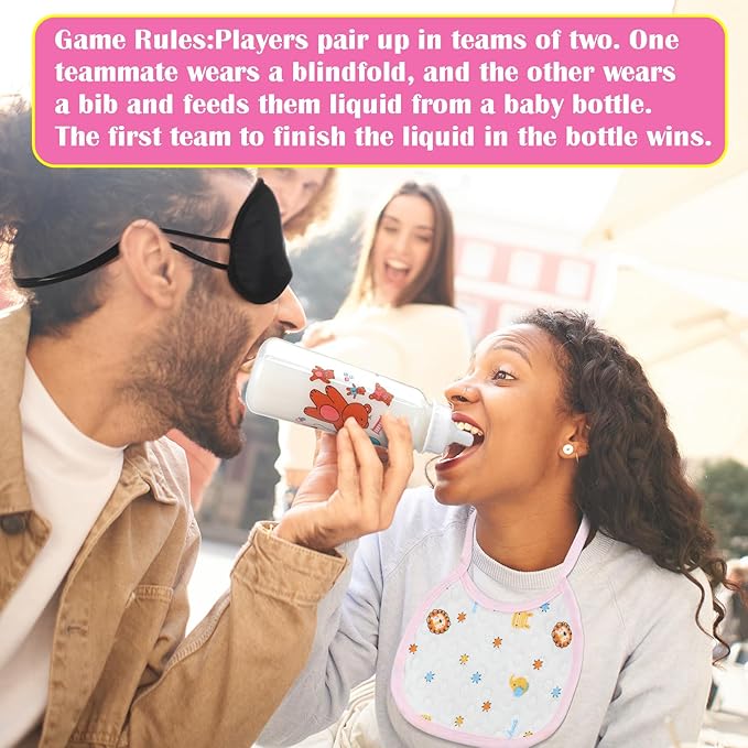 18 Pcs Bottle Baby Shower Games 6 Plastic Baby Bottles Bulk 6 Disposable Eye Mask Shade Cover 6 Baby Bibs Gender Reveal Games Baby Shower Party Games Favors Supplies