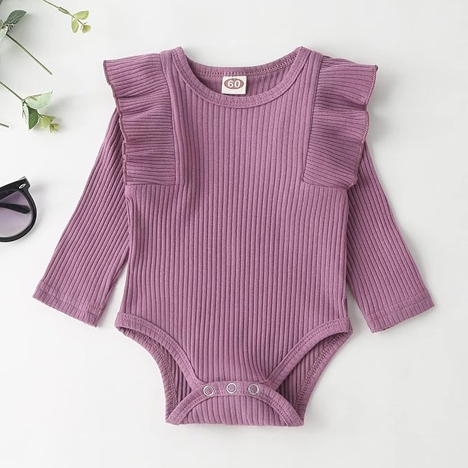 Fullfamous Baby Girl's 3pc Rib Frill Long Sleeve Romper and Pant Set