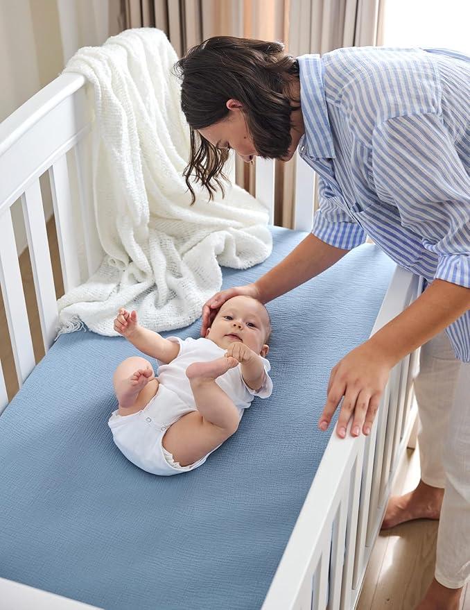 Momcozy Muslin Fitted Mini Crib Sheets, 38''x26'', 2 Pack Soft Breathable Natural Cotton Baby Mattress Sheet, 360° Mattress Wrapping No Slip Boys Girls Neutral Toddler Bed Sheet, Blue Star Moon