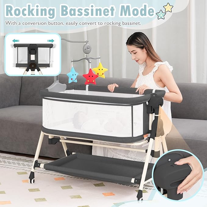 Baby Bassinet, Rocking Bassinet, 3 in 1 Bassinets Bedside Sleeper with Musical Toys, Bedside Bassinet for Baby with Storage Basket and Wheels, Adjustable Bedside Crib for Newborn (Black)