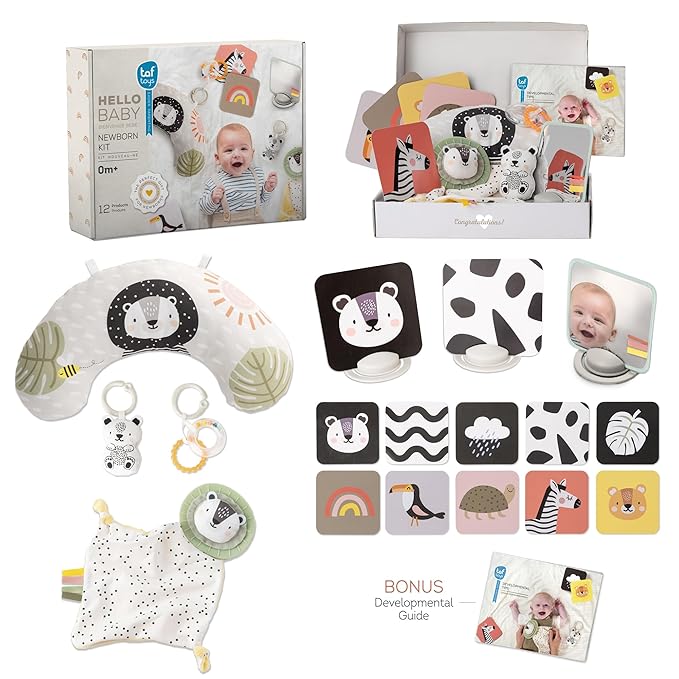 TAF Toys Newborn Developmental Toy Kit, Perfect Baby Shower Gifts for Boys and Girls, Includes 12 Essential Boy and Girl Toys for Learning and Stimulation, Ideal New Baby Gift Basket
