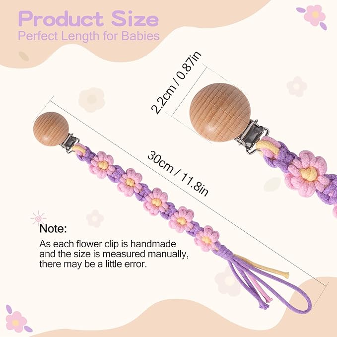 Pacifier Clip for Boys Girls Floral Daisy Macrame Paci Clip Pacifier Holder Leash Boho Wooden Clips Handmade Braided Cotton Unisex Baby Shower Birthday Gift