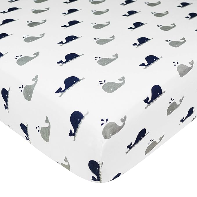 American Baby Company 3 Pack 100% Natural Cotton Fitted Crib Sheets 52" x 28" - Soft, Breathable, Hypoallergenic & Gentle Toddler Bed Sheets, Navy Whale/Gray/White, Neutral for Boys & Girls