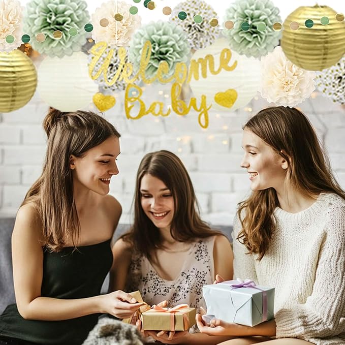 Baby Shower Decorations Sage Green&Gold for Boy or Girl- Welcome Baby Banner,PomPoms,Lanterns,Circle Dot& Tassels Hanging Garland Party Supplies-Safari Woodland Jungle Forest Boho Theme Neutral Gender