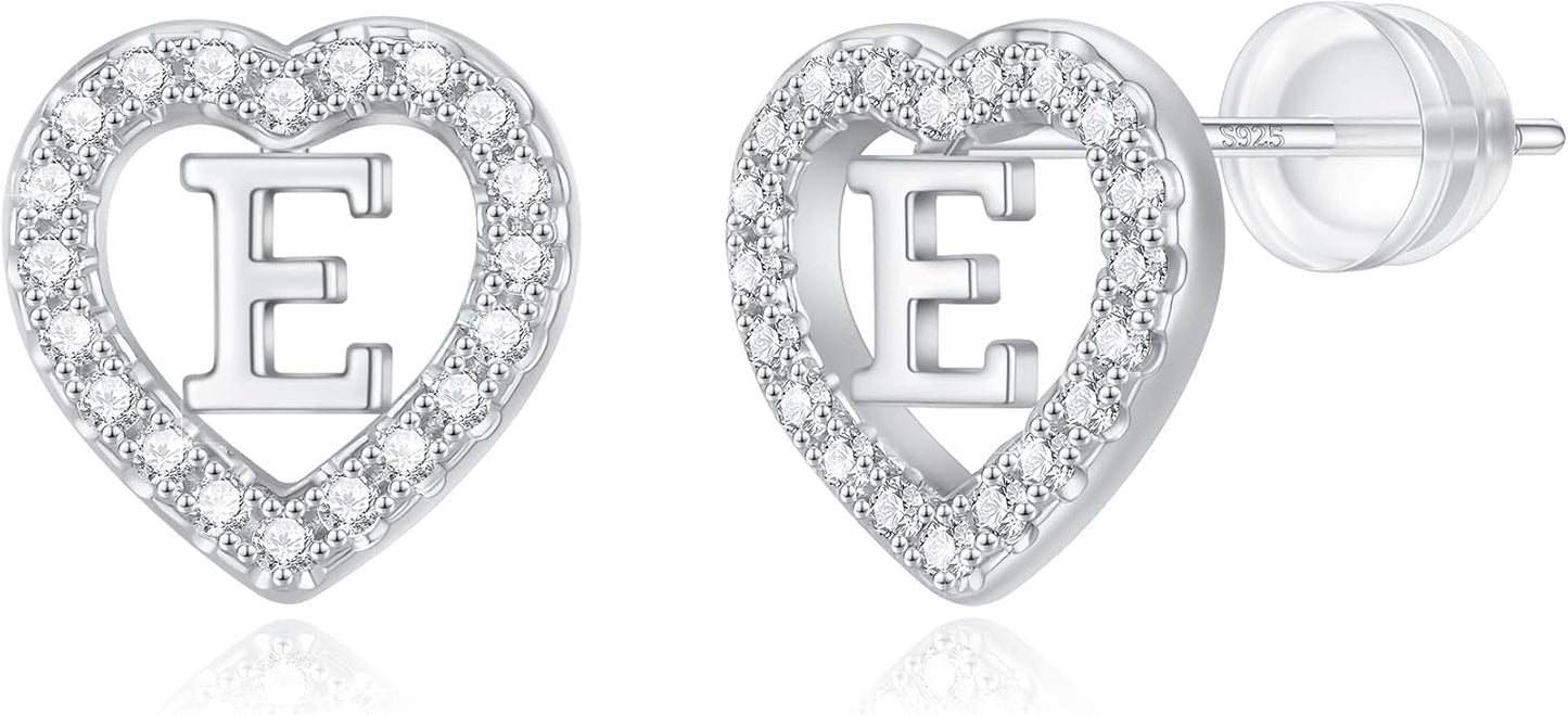 Initial Heart Earrings for Girls, Sterling Silver Post Silver/Rose Gold Heart Initial Stud Earrings for Little Girls Kids Baby Earrings Non Tarnish Hypoallergenic Earrings for Teen Girls Gifts Jewelry