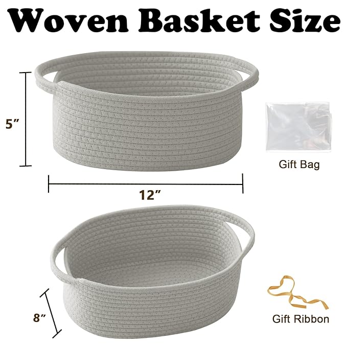 Gift Basket with Gift Bag and Ribbons,Small Rope Woven Shelf Storage,Baskets for Gifts Empty,Birthday,Shower,Decorative Organizer Box for Cat Dog Pet with Handles(Grey)