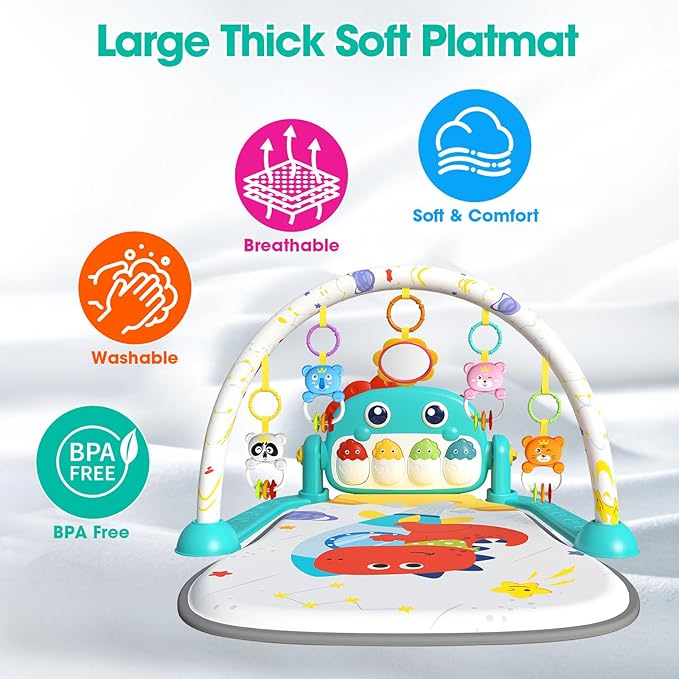Baby Play Mat,Funny Tummy Time Mat Toys,Music & Light Kick and Play Piano Mat, Baby Play Gym for Newborn Infant,Baby Activity Center Mat with 5 Sensory Baby Toys 0-6-12 Months Dinosaur Theme