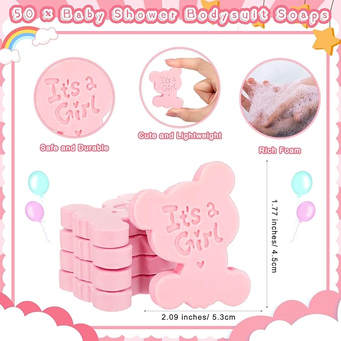 50 Sets Baby Shower Soap Favors for Guests Boy Girl Mini Handmade Scented Soaps with Thank You Tags and Organza Bags for Shower Gender Reveal Party Favors(It's A Girl,Pink Bear)