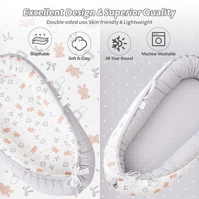 ALINUX Baby Lounger for Newborn 0-24 Months,100% Cotton Baby Lounger Cover, Suitable for Babies Aged 0-24 Months,Grey