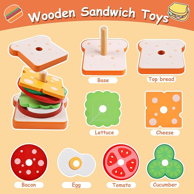 Wooden Sandwich Stacking Toys, Montessori Toys for Toddlers Kitchen Play Food Educational Preschool Learning Toys Christmas Birthday Gift Kids Toys for Boys Girls 3 4 5 Years Old (Sandwich)
