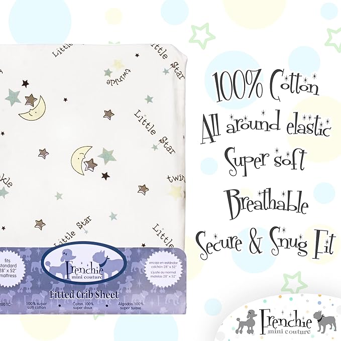 Fitted Crib Sheet 100% Woven Cotton Fits Toddler Mattress, 28 x 52 x8in, Twinkle Little Star