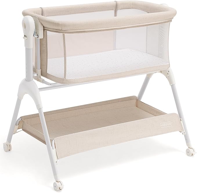 HARPPA Cuddly Rocking Bedside Bassinet for Baby, 3 in 1 Baby Bassinet with Wheels, Breathable Mesh, Adjustable Height Bedside Sleeper for Newborns, Beige