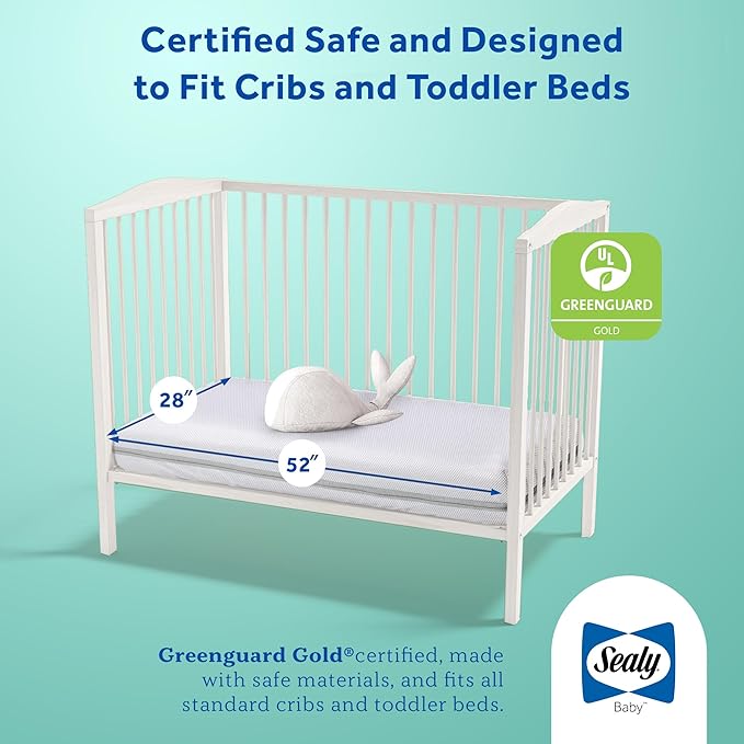 Sealy Baby OmniPedic DuoBreathe 2 Stage Breathable Crib Mattress, GREENGUARD Gold Certified, Made in USA, Waterproof, Premium Dual Firmness and Hypoallergenic, Toddler Bed Fit, 52x28