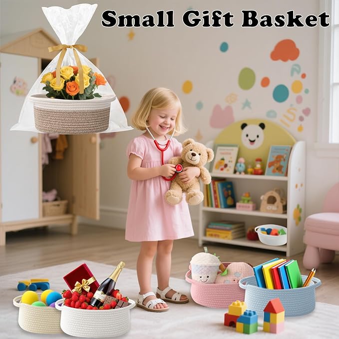Gift Basket with Gift Bag and Ribbons,Small Rope Woven Shelf Storage,Baskets for Gifts Empty,Birthday,Shower,Decorative Organizer Box for Cat Dog Pet with Handles(White&Mixed Brown)