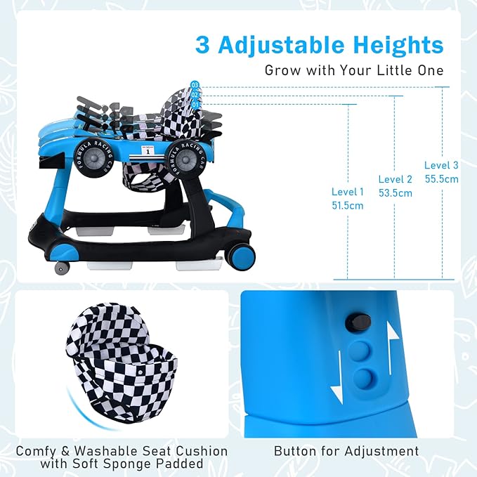 HOMGX Baby Walker with Wheels, Convertible Baby Push Walker & Race Car Mode, Infant Activity Center with Music Box, 3 Heights & 2 Speeds, Foldable Walkers for 6-18 Months (Blue)
