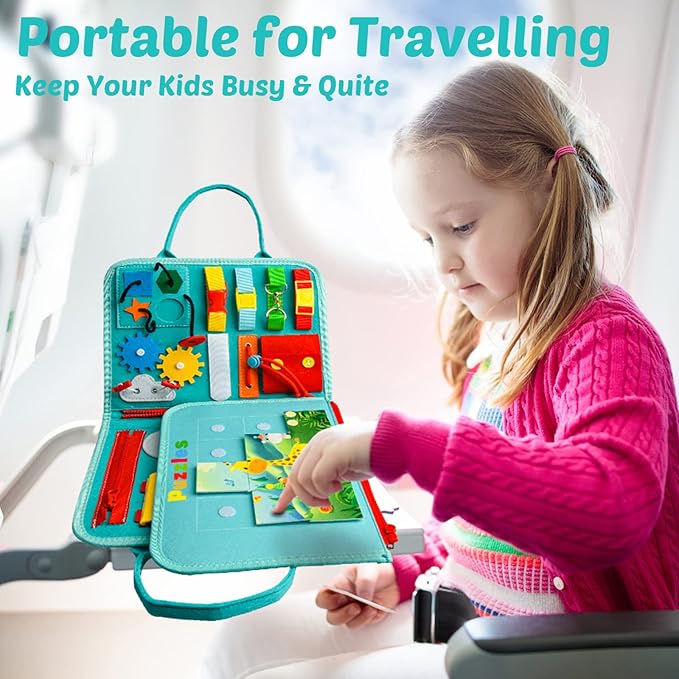 Busy Board Montessori Toys for 1 2 3 4 Year Old Boys & Girls Sensory Learning Activities Game with Alphabet Spelling & Toddler Kids Travel Busy Book & Birthday Gifts & Fine Dress Motor Skill