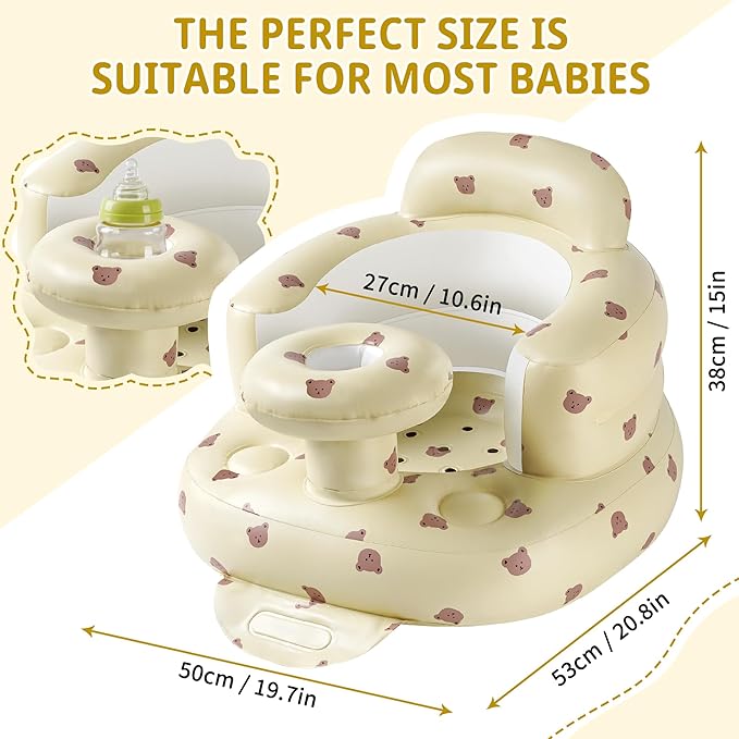 Inflatable Baby Seat for Babies 3 Months & Up, Baby Sit Up Chair Blow Up Baby Floor Seats with Tray, Built in Air Pump Infant Support Seat Perfect for Home Floors (Bear with Tray)