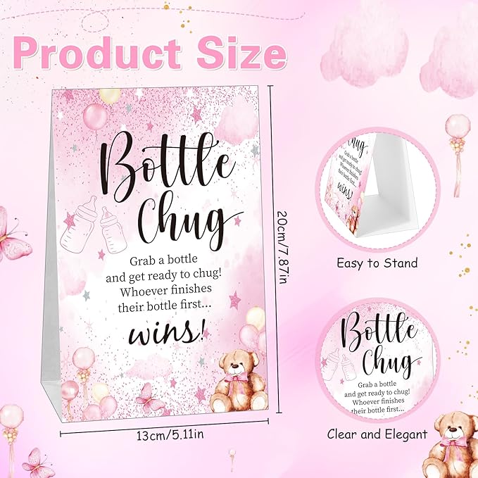 TrelaCo Bottle Chug Baby Shower Game 20 Pcs Baby Bottles Shower Favor with 1 Bear Theme Sign for Gender Reveal Party Supplies Gifts(Transparent Pink)