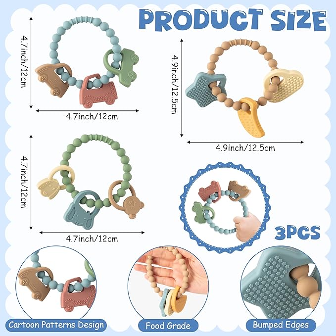 Silicone Babies Teether Toys - 3Pcs Teething Ring with Rattles, Animal Car Themed Infant Toddle Sensory Chew Toys for Newborn Boys and Girls to Soothe Sore Gums Teething Relief, Baby Shower