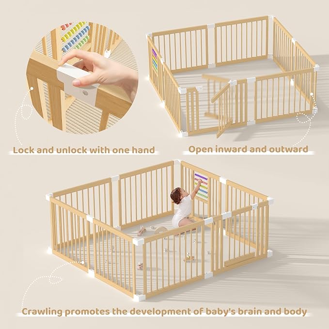Baby Playpen with Gate, Wooden Playpen for Babies and Toddlers, Baby Play Yard with Colorful Acrylic Beads, Baby Fence Play Area with Suction Cups, Extra Large Play Pen Area Indoor(71 * 63 * 24Inch)