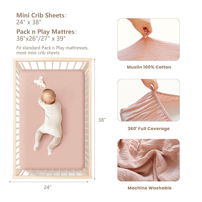 Konssy Muslin Mini Crib Sheets, 100% Soft Cotton Pack and Play Sheets for Pack N Play Mattress, Playard Baby Crib Sheets for Baby Girls (Pink, Cream)