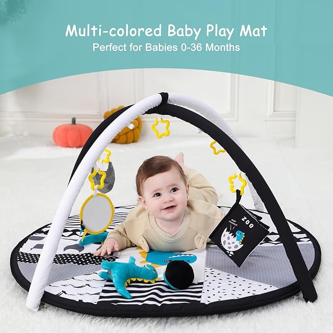 Lovvie & Joy Baby Play Activity Gym Tummy Time Mat for Infant,Baby Gyms & Playmats for Babies 0 to 3 6 9 12 36 Months with 5 Toys for Early Sensory Exploration and Motor Skill Development Dinosaur