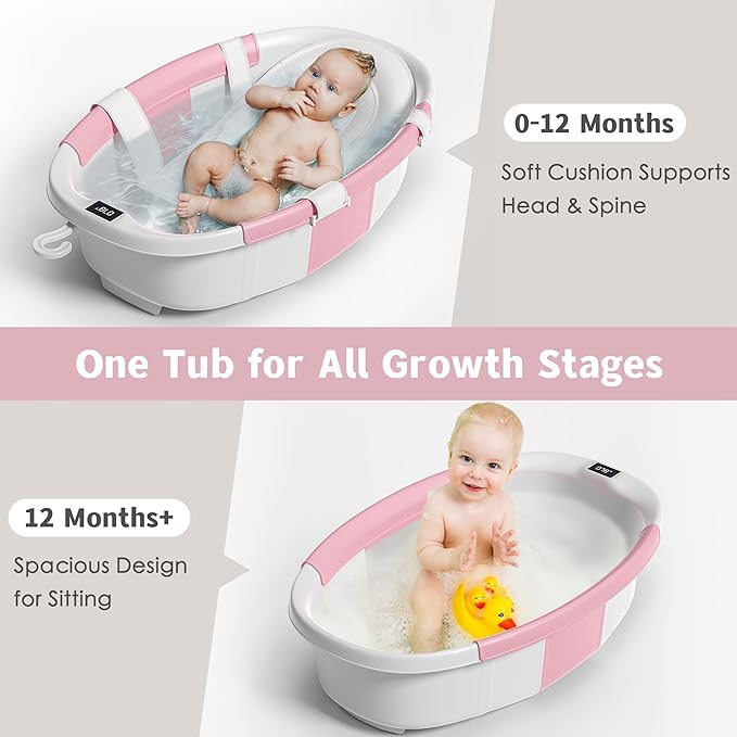 Collapsible Baby Bathtub for Newborn to Toddler 0-36 Months,Extra Large Foldable Infant Bath Tub with Thermometer,Cushion & Drain Hole,Portable Travel Tub, Baby Shower Gift Pink