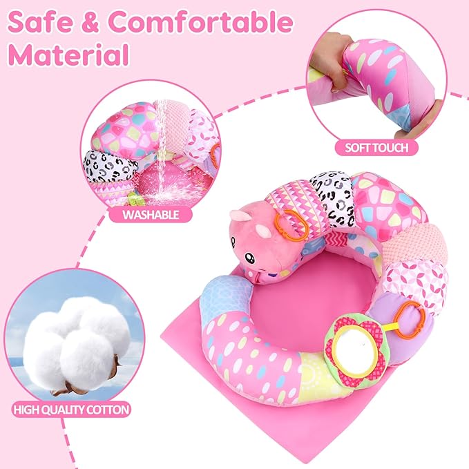 2 in 1 Baby Tummy Time Mat & Support Seated Pillow Infant Newborn Toys 0 1 2 3 4 5 6 Months Pink Caterpillar Sensory Developmental Playmat 0-6 3-6 12 Month Babies Mirror Shower Gifts for Girls Boys