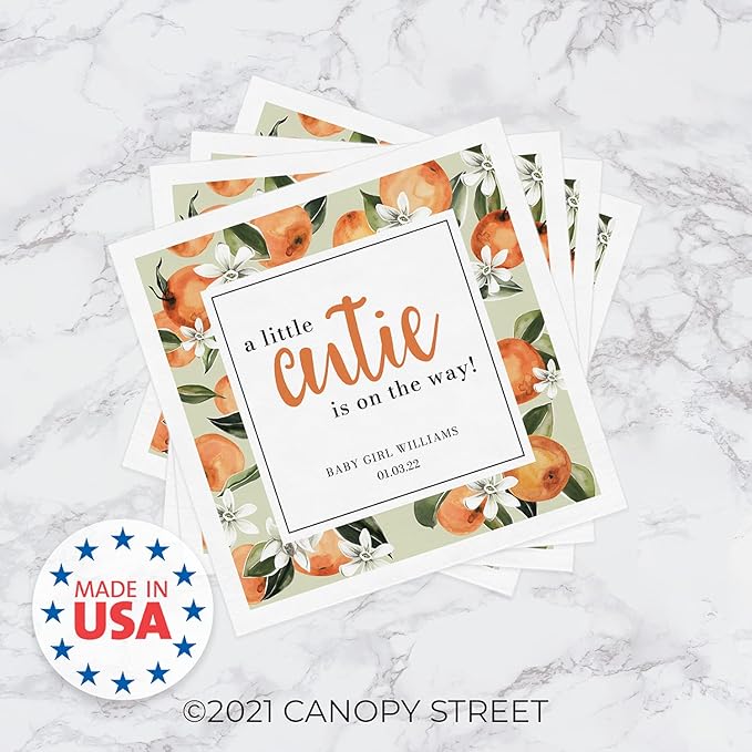 Little Cutie Personalized Baby Shower Napkins / 100 Clementine 4 3/4" x 4 3/4" Beverage Napkins/Gender Neutral Baby Citrus Party Napkins/Made In The USA