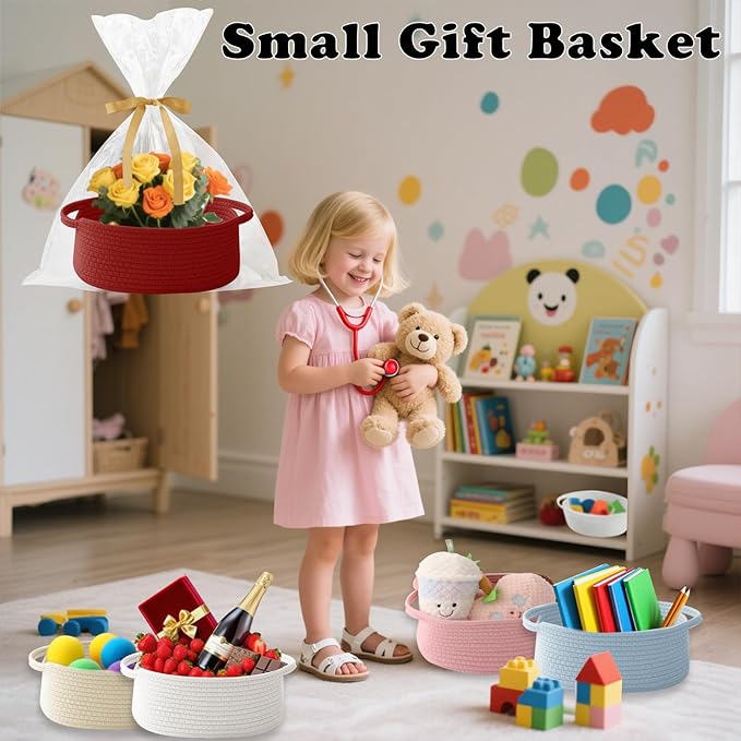 Gift Basket with Gift Bag and Ribbons,Small Rope Woven Shelf Storage,Baskets for Gifts Empty,Birthday,Shower,Decorative Organizer Box for Cat Dog Pet with Handles(Red)