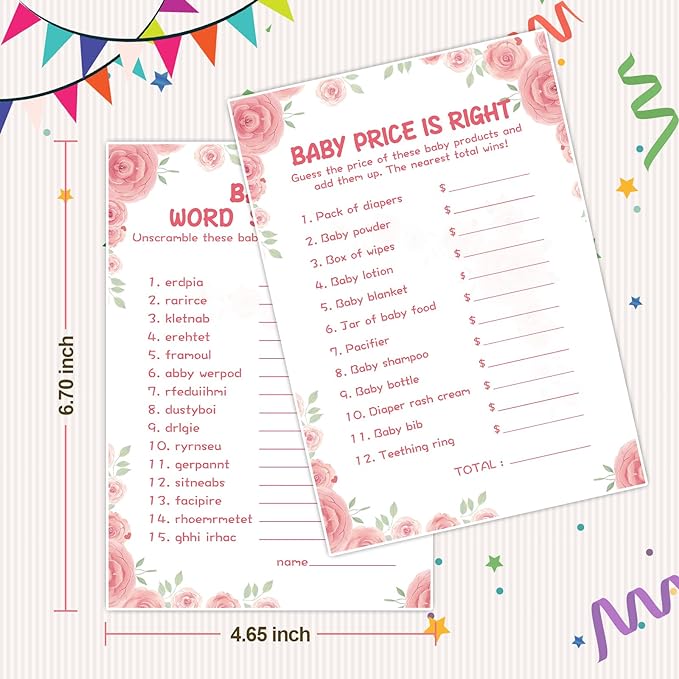 Baby Shower Games for Girl-2 Games(50 of Each),Baby Shower Word Scramble Game&Price is Right,Double-Sided,Thick Cardboard,Fun,Hilarious,with Answer Keys