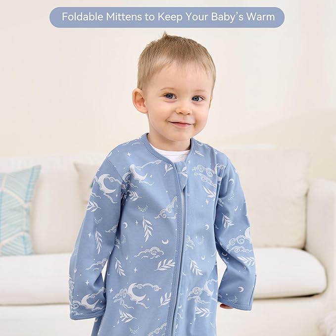 Baby Sleep Sack 6-12 Months, Long Sleeve Baby Wearable Blanket 0.5 Tog with Mittens, 2-Way Zipper Infant Cotton Sleeping Sack for Boy and Girl Blue Stars 2 Pack (Medium)