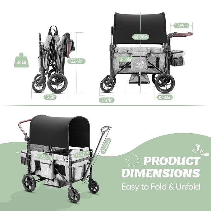 Wagon Stroller for 2 Kids,Premium Wagon for Kids with Removable Canopy, Snack Tray, Convertible Baby Bassinet, 5-Point Safety Harness, All-Terrain PU Wheels & Adjustable Push/Pull Handle,Grey