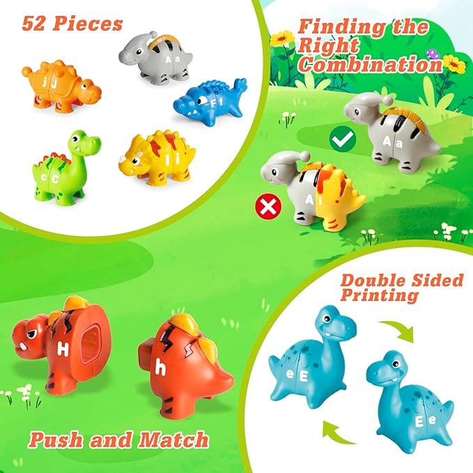 52PCS Dinosaur Alphabet Learning Toys for Toddlers 3-5, 10 Different Dinosaur Figures, Montessori Educational Toys Gifts for Boy Girl, Preschool Learning Activities, Double Sided ABC Matching Game
