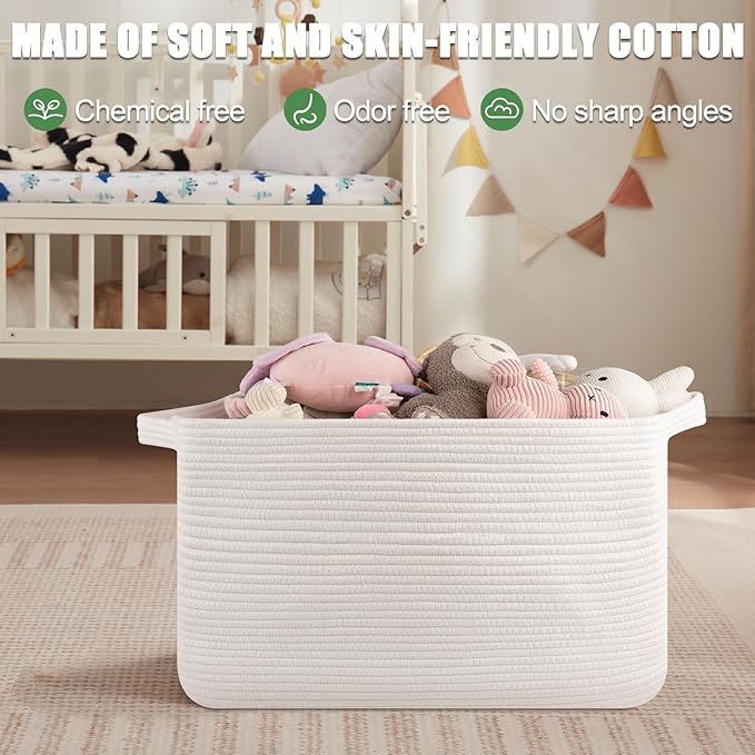 95L Large Storage Basket, Cotton Rope Woven Blanket Basket, Toy Storage for Baby Room, Living Room, 24" x 16.9" x 14.2", White