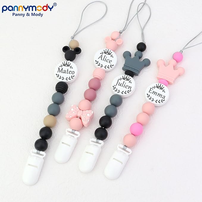 Personalized Pacifier Clip with Name, Customizable Pacifier Clip (2 Pack) (Crown-Pink)