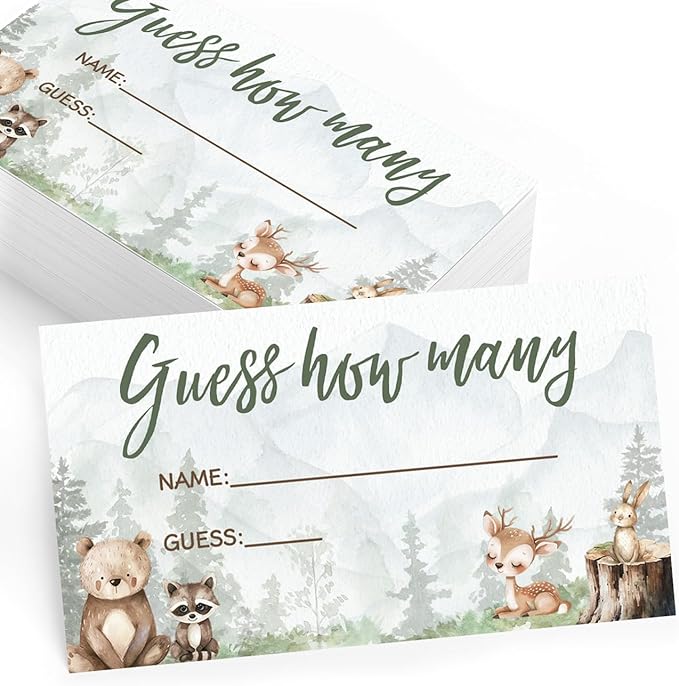 Printed Party Baby Shower Games – Woodland Adventure Candy Jar Guessing Game, Forest Animal Theme, 30 Guess How Many Cards & Matching Display Sign