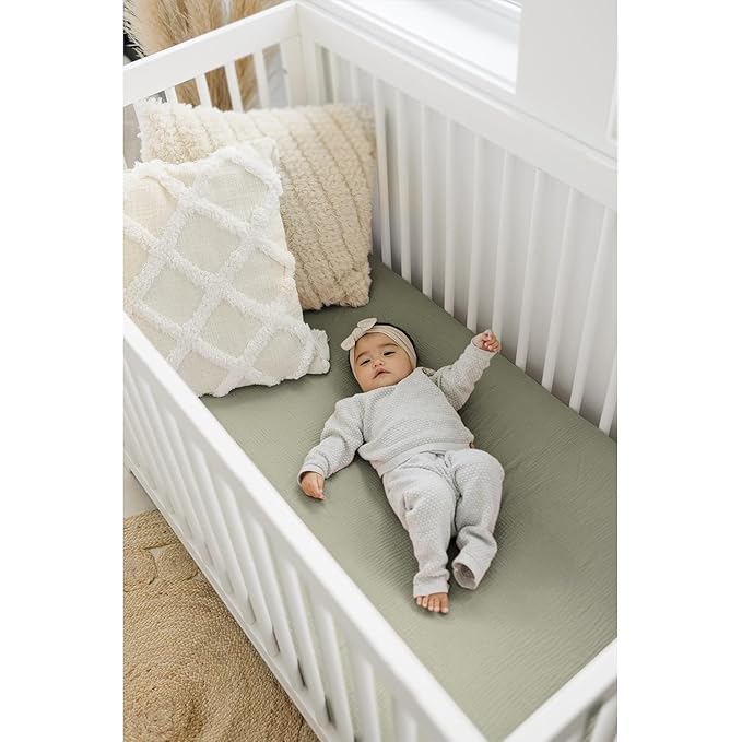 Konssy Muslin Crib Sheets 2 PCS, 100% Cotton Baby Crib Sheets for Standard Crib Mattress (28"x 52"), Soft and Breathable for Boys, Girls (Rabbit,Fog Green)